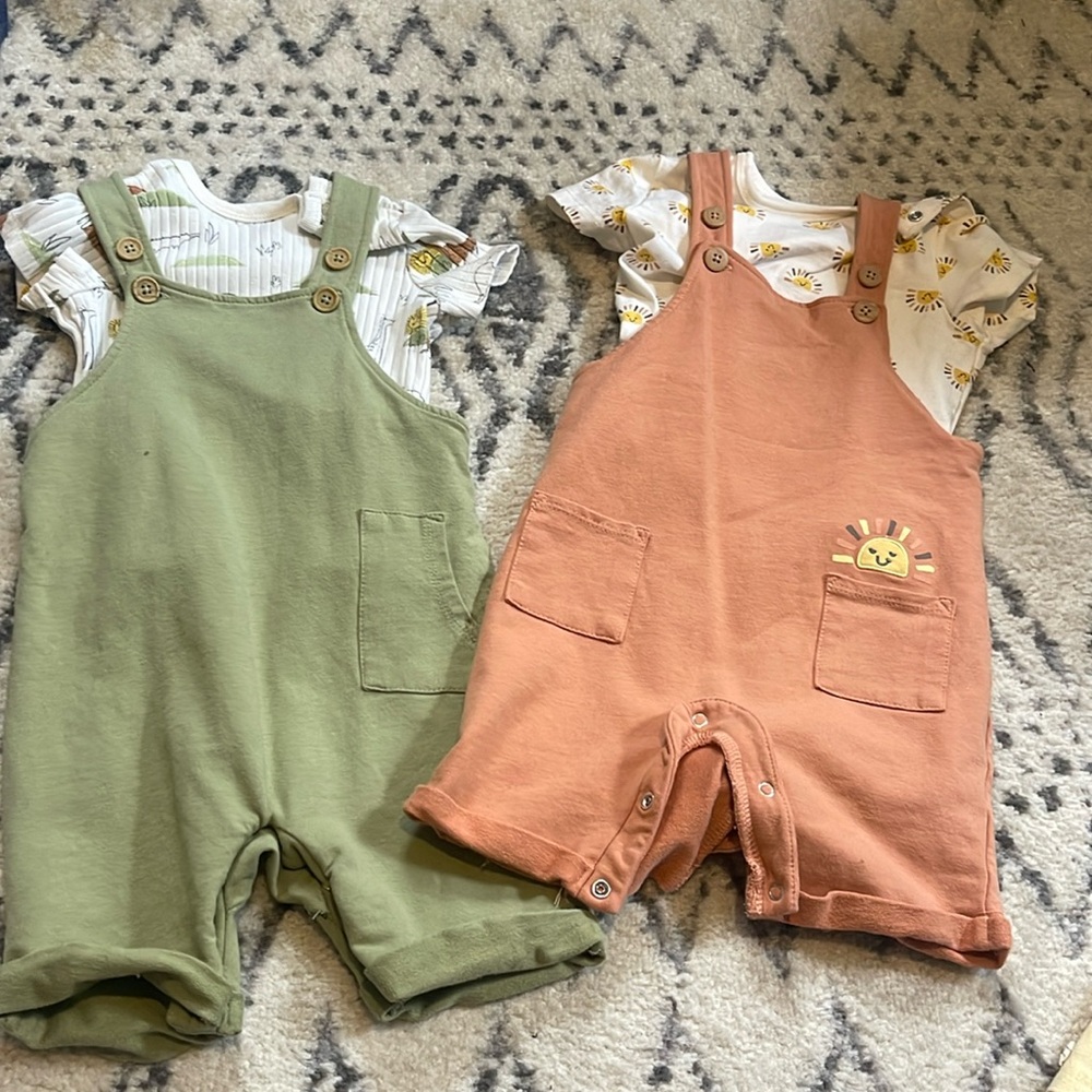 Two like new toddler romper outfits with matching t-shirts